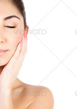 und, half female face, body part, closeup portrait of sensual girl with closed eyes and natural makeup, spa salon, health treatment, beauty concept