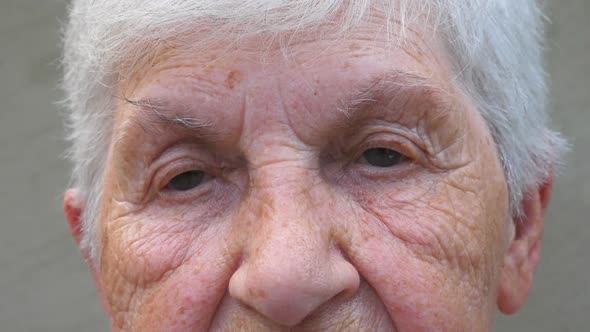 Close Up Gray Eyes of Grandmother with Wrinkles Around Them. Portrait of Senior Lady Looking Into