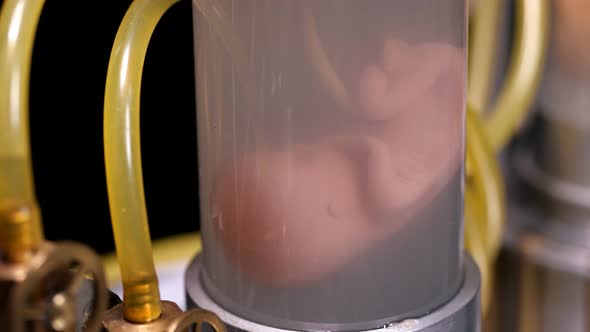 Human Embryo in a Glass Flask of a Life Support Apparatus in a Laboratory Where Experiments Are