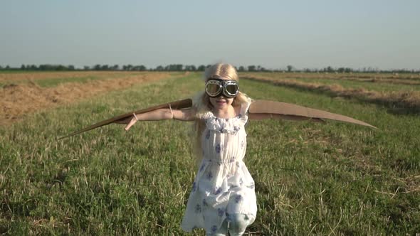 A Happy Child in Pilot's Glasses and Cardboard Airplane Wings Runs Through a Rural Field