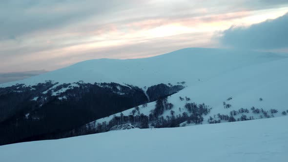 Large Hills Covered with a Carpet of Snow and Fir Forests Against the Backdrop of a Cloudy Sky and