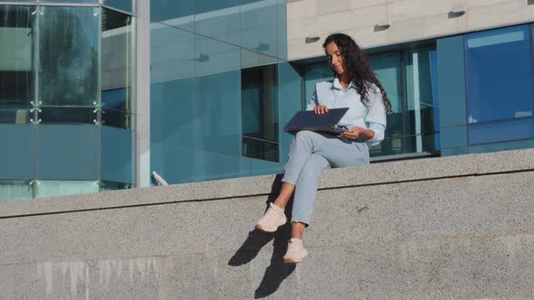 Successful Business Woman Girl Student Sitting City Building Skyscraper Modern Creative Company