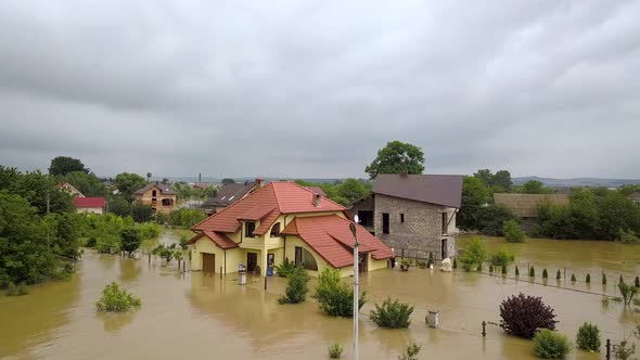 Aerial view of flooded houses with dirty water of Dnister river in Halych town, western Ukraine.