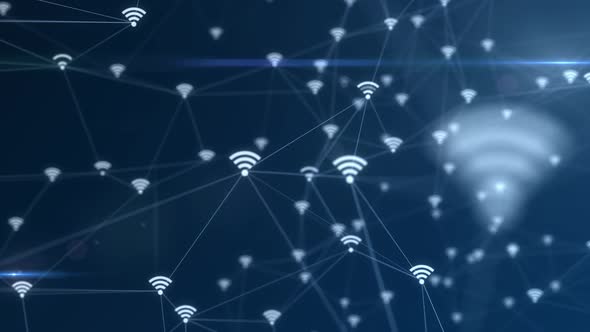 Animation of Wi Fi icons connected to a global network. Plexus visualization of the interaction of w