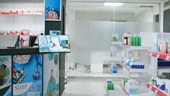 Medical pharmacy shelves stocked with healthcare goods