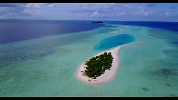 Aerial top view sky of exotic shore beach adventure by shallow ocean with white sand background of a