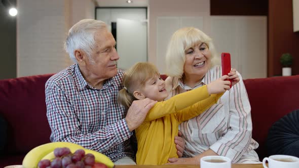 Senior Couple Grandparents with Child Granddaughter Making Selfie Photos Together on Mobile Phone