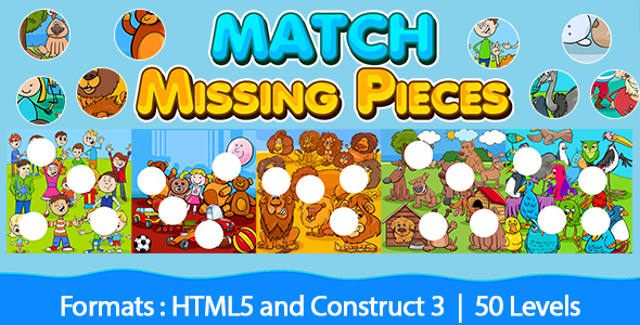 Match Missing Pieces Game with 50 Levels (Construct 3 | C3P | HTML5) Kids Learning Game