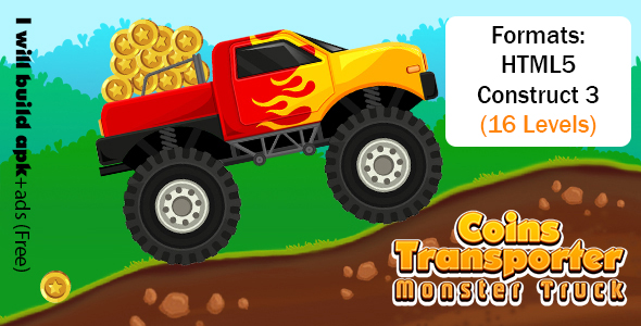 Coins Transporter Monster Truck Game (Construct 3 | C3P | HTML5) 16 Levels