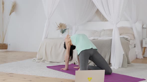 Woman Practicing Yoga with Online Trainer Via Video Call