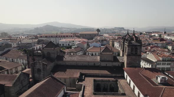 Orbiting shot of Braga Cathedral, Se de Braga, Portugal. Beautiful aerial cityscape