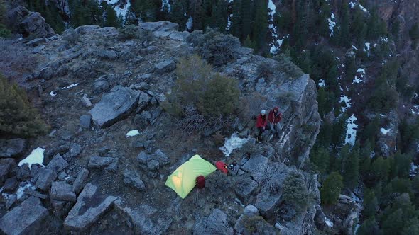 Aerial view of campsite on cliff looking down American Fork Canyon