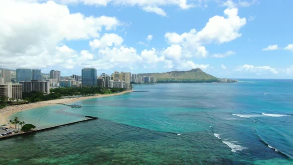 Aerial Drone footage of Waikiki beach Buildings and Diamond Head