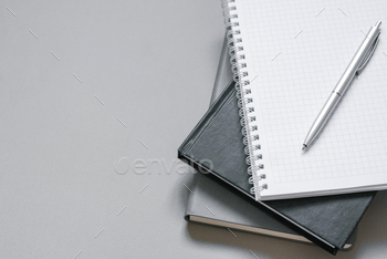 Notebooks and Diaries on Gray Desktop with Pen