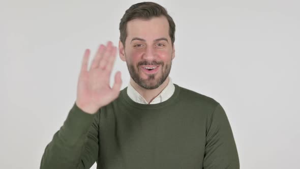 Portrait of Man Waving Welcoming White Screen