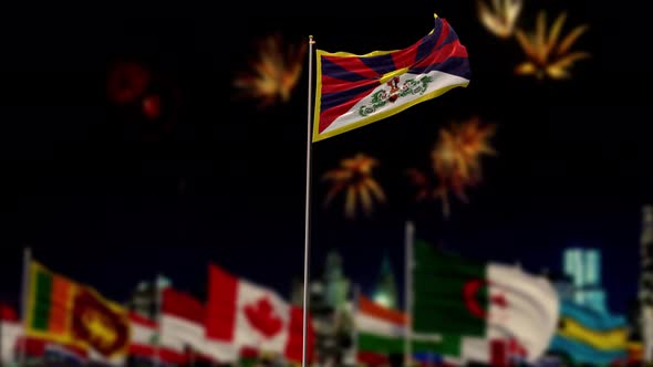 Tibet Flag With World Globe Flags And Fireworks 