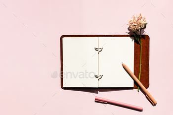 Open notebook with blank pages, pen and dried flower. Creativity and writing concept.