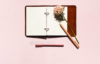 Open notebook with blank pages, pen and dried flower. Creativity and writing concept.