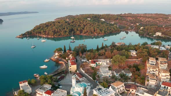 Aerial View of Porto Heli Town at Sunrise Greece