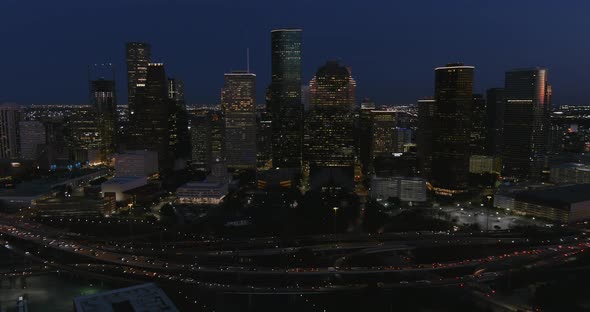 4k aerial view of downtown Houston at night