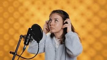 Woman with headset on starting job, narrating book word for word