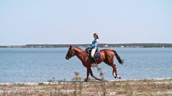 Equestrienne Galloping on Horse along Lakeshore