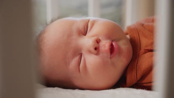 Portrait of a newborn baby in the cradle as seen from the side