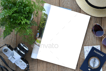 Travel mock up with magazine blank page for advertisement ad, retro vintage camera