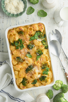 Casserole Mac and cheese. Baked Mac and cheese with broccoli, cream sauce and parmesan on white old