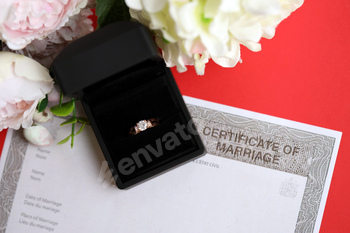 Canadian Certificate of registration of marriage blank document and wedding ring