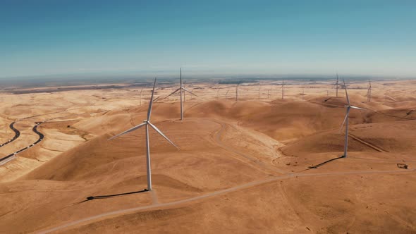 Aerial View of Wind Turbines Energy Production  Aerial Shot Over California