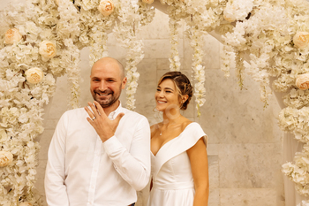 Happy young smiling couple in the marriage registration hall