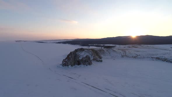 Aerial View of a Shamanka Rock on Olkhon Island at Sunset