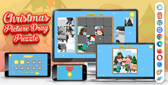 Christmas Picture Drag Puzzle Game ( Construct 3 | C3P | HTML5 ) 50 Puzzles