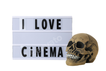 PNG, Lightbox with text and decorative skull, isolated on white background