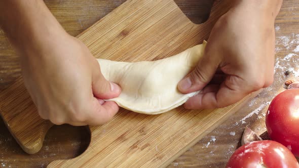 Man Cooking Empanada Argentinian Pie Traditional Bakery From Argentina Chef Filling Dough in Home