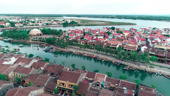 Aerial view of Hoi An ancient town, the old houses and lanterns