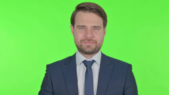 Young Businessman Pointing at Camera, Inviting on Green Background