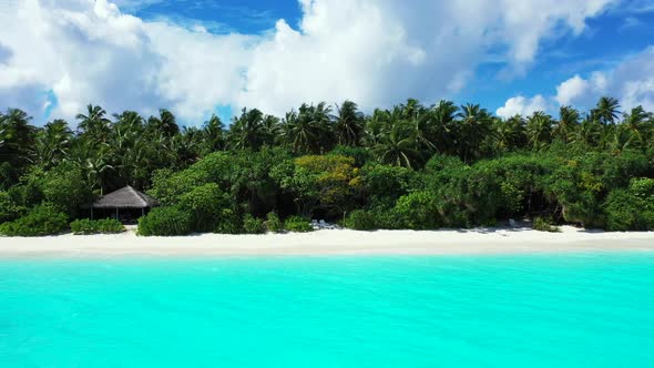 Aerial tourism of luxury shore beach wildlife by transparent lagoon with white sand background of a 