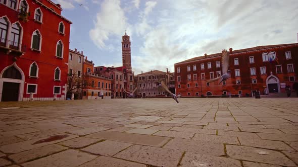 Venice City Downtown Square Among Shabby Colorful Buildings