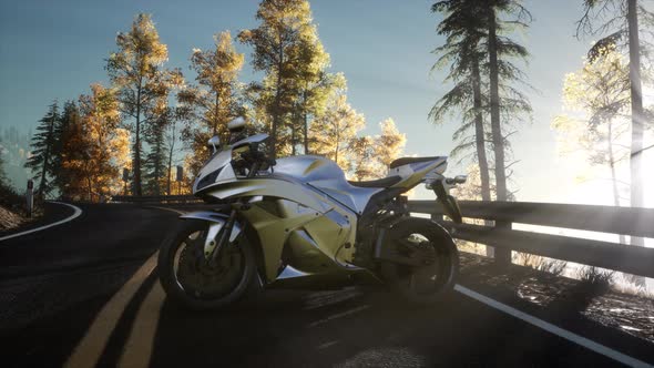 Sportbike on Tre Road in Forest with Sun Beams