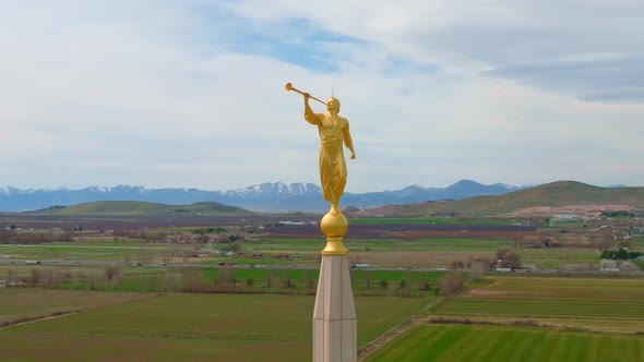 Aerial Orbit around Angel Moroni and Beautiful Surrounding Views at LDS Mormon Payson Utah Temple