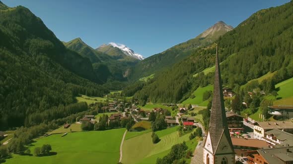 Beautiful spire of St Vincent church in Heiligenblut in the Alps