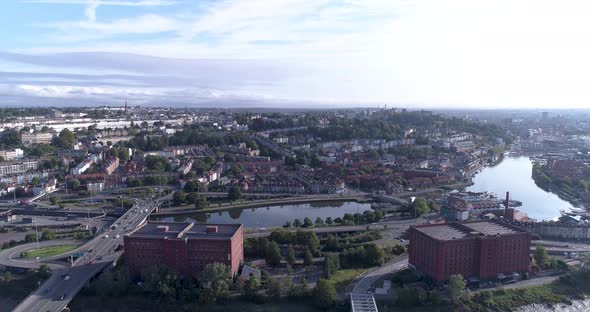 Pull back aerial shot looking east over Bristol and the River Severn
