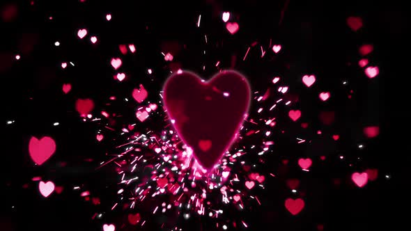 Pink heart confetti and sparks flying against pink heart