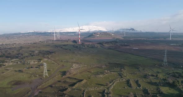 Aerial view of wind turbine farm in a grassland, Golan Heights, Israel.