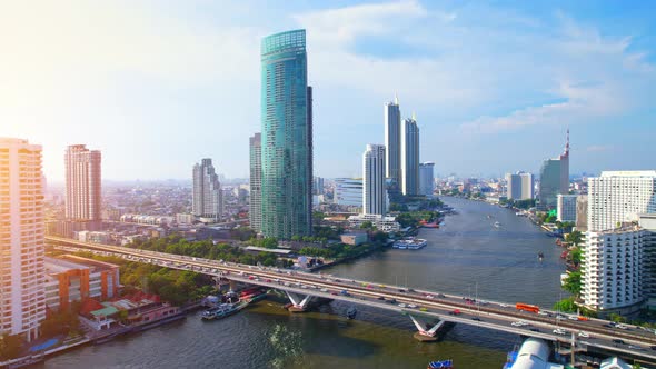 Aerial view over Bangkok city and Chao phraya river