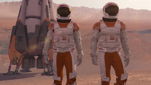 Astronaut Wearing Space Suit Walking on the Surface of Mars. Exploring Mission To Mars Red Planet alt