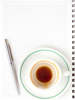 blank page, empty cup of coffe, pen