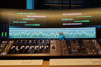 Recording Studio Mixing Console and Monitor Displaying Waveforms